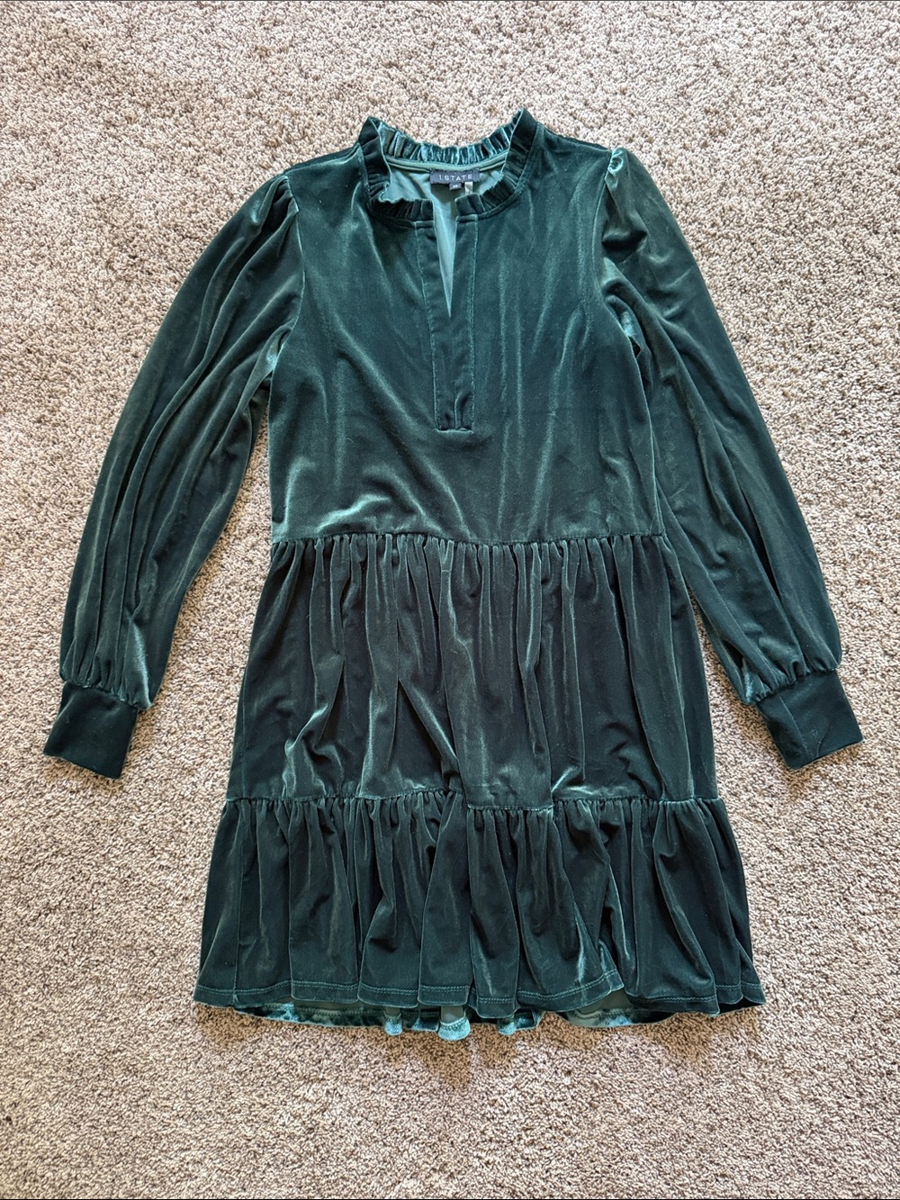 STATE Dark Green Velvet Ruffle Tiered Dress